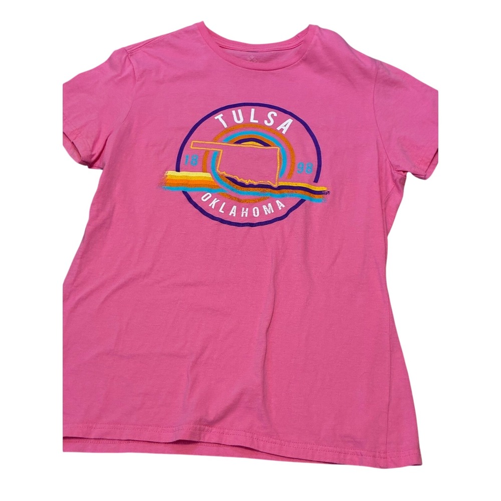 Point Tulsa Oklahoma Graphic T-Shirt Pink Retro Sunset State Outline Large